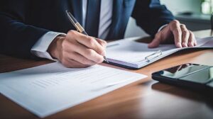 Person reviewing a claim denial letter beside an insurance policy, photographs, receipts, and a laptop.